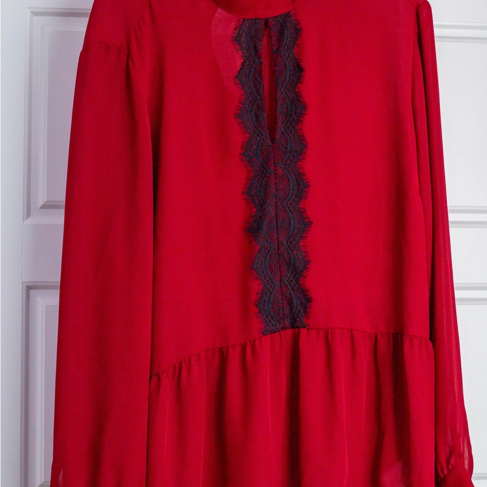 Michael Kors Red Blouse with Black Lace Detail